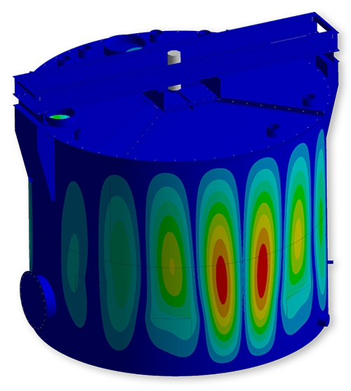 Contourplot of the deformations in the wall of a process tank at a critical buckling loading.