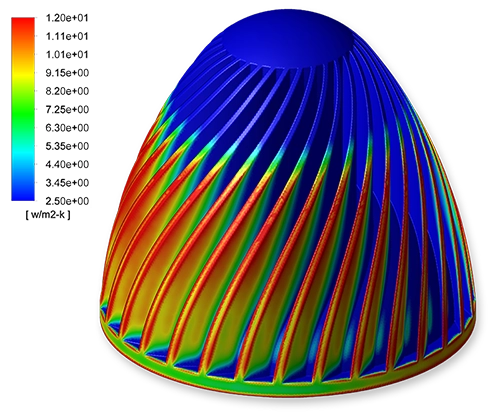 heat transfer coefficient of a heat sink, calculated with CFD