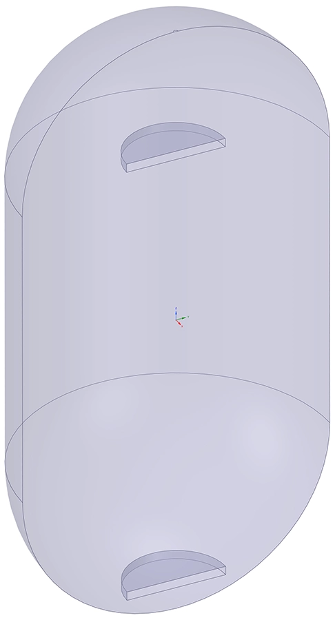 CAD geometry of the half-symmetry CFD flow domain for the thermal buffer tank, showing the two circular diffusors near the top and bottom