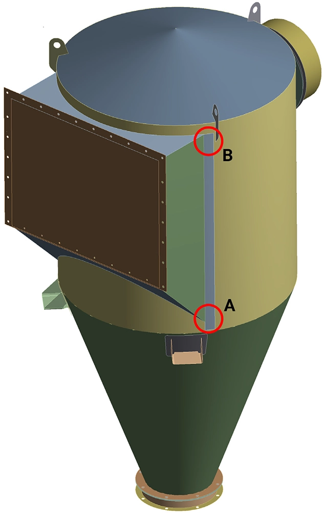 FEA shell model of the welded storage bunker with critical weld locations A and B highlighted