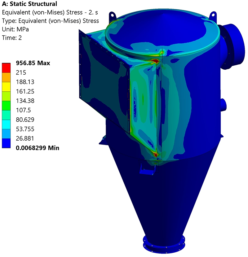 Von Mises equivalent stress contour plot on the storage bunker under vacuum loading in the original bunker geometry