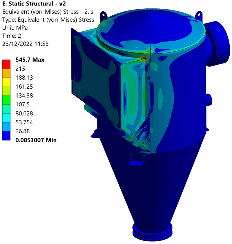 Von Mises equivalent stress contour plot on the storage bunker under vacuum loading in the reinforced bunker