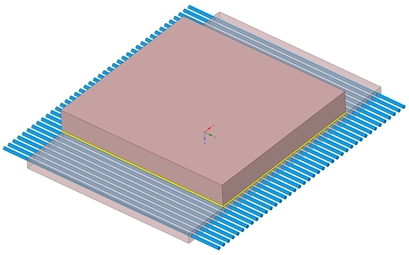 3D-model van de stalen koelplaat met 40 parallelle koelkanalen, aluminium matrijs en thermische weerstandslaag