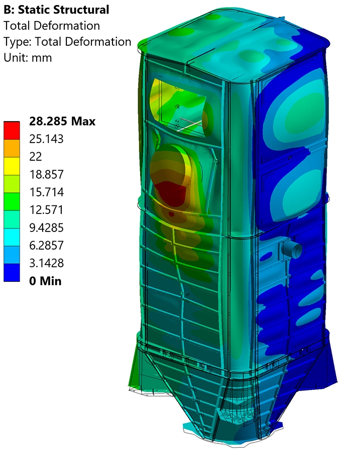 Total deformation contour plot of the stainless steel silo under dust explosion overpressure (BC 3), showing maximum deformation of 28 mm at the manway opening