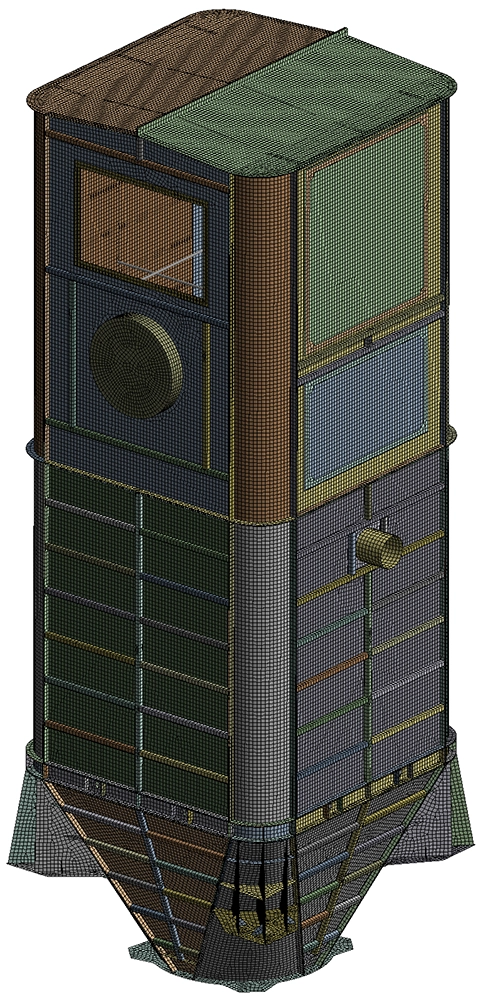 2D hexahedral shell element mesh of the stainless steel silo in Ansys Mechanical, showing mesh density across thin-walled panels, corners and the hopper section