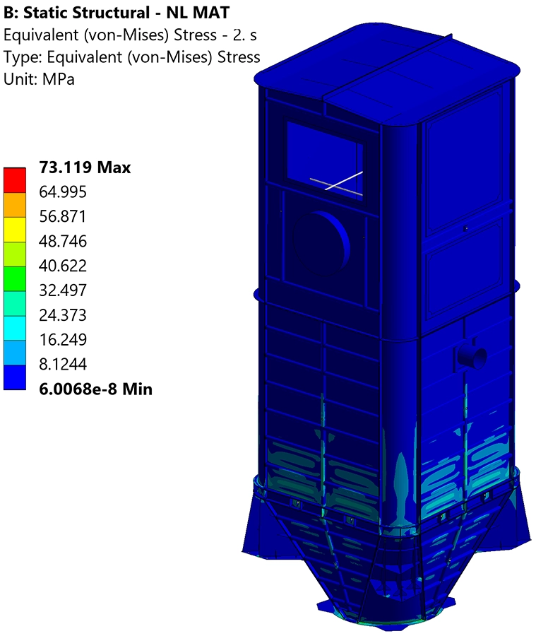 Von Mises equivalent stress contour plot of the stainless steel silo under self-weight and hydrostatic pressure (BC 2), showing maximum stress of 73 MPa