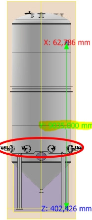 Stainless steel stripping tank geometry showing the eight additional process tubes at the bottom of the vessel
