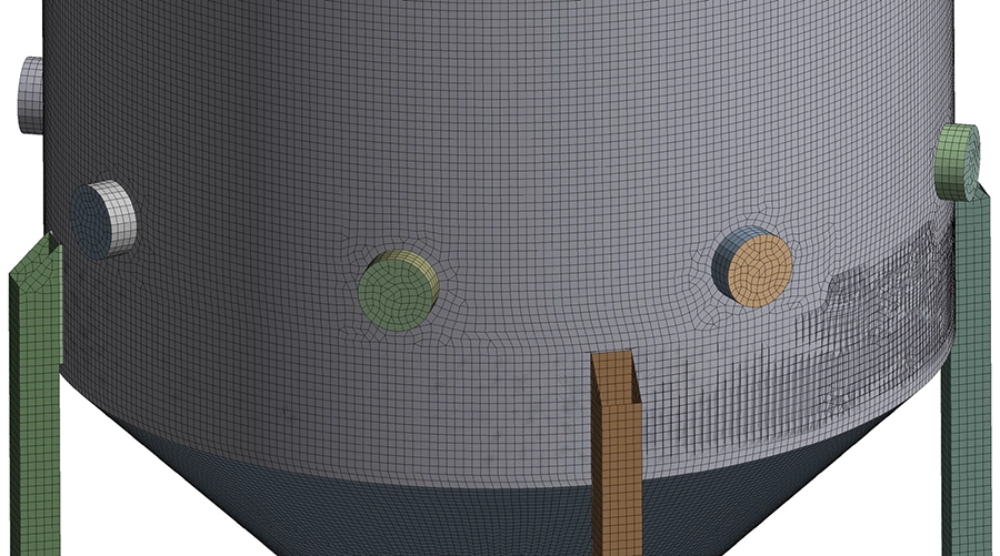 Close-up of the FEA mesh at the bottom conical section of the stripping tank showing the eight new tube connections