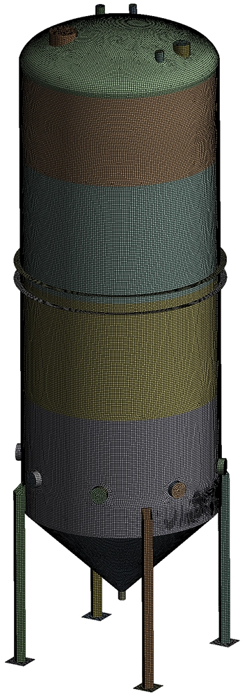 Shell element finite element mesh of the full stainless steel stripping tank in Ansys Mechanical
