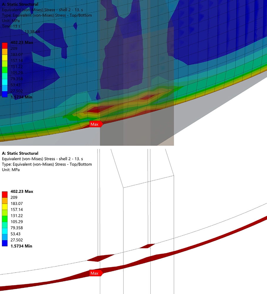 Close-up FEA view of the high-stress area in the stripping tank under ULS 07, confirming it is a narrow numerical singularity at a shell junction