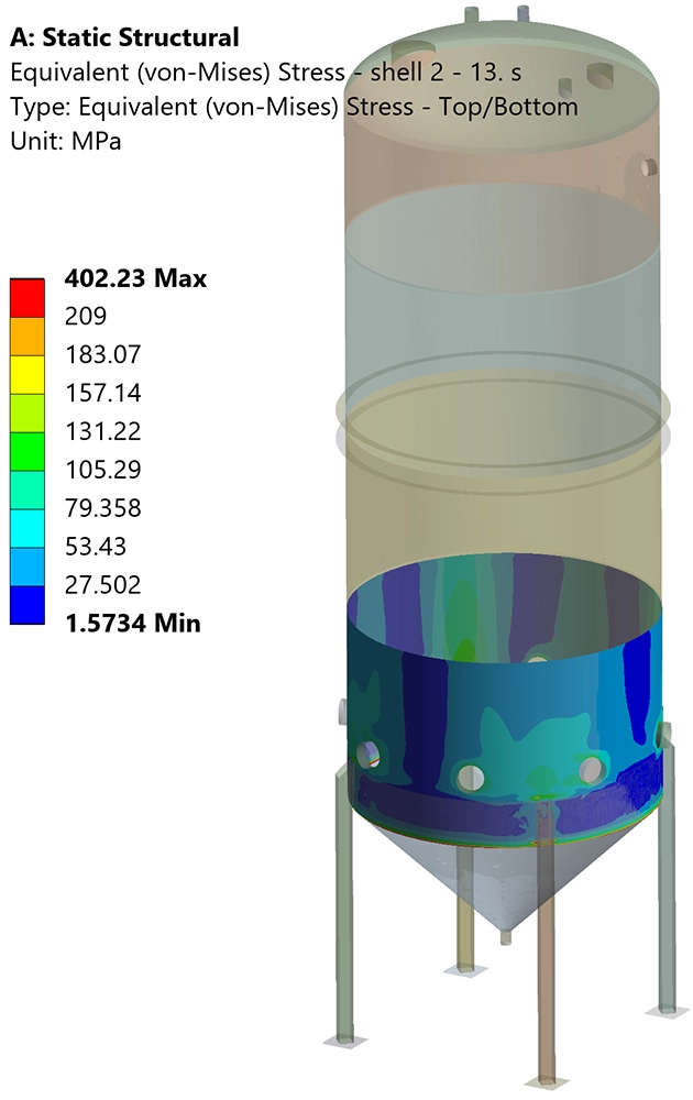 Von Mises stress contour plot of the stainless steel stripping tank for ULS load combination 07 in Ansys Mechanical