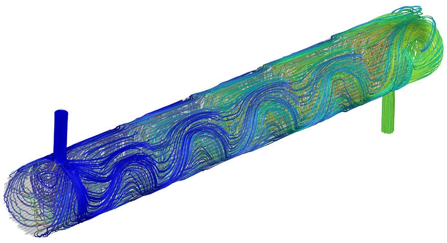 CFD-stroomlijnen gekleurd op temperatuur binnenin de 230 kW circulatieverwarmer, met stroming van inlaat naar uitlaat langs de verwarmingselementen