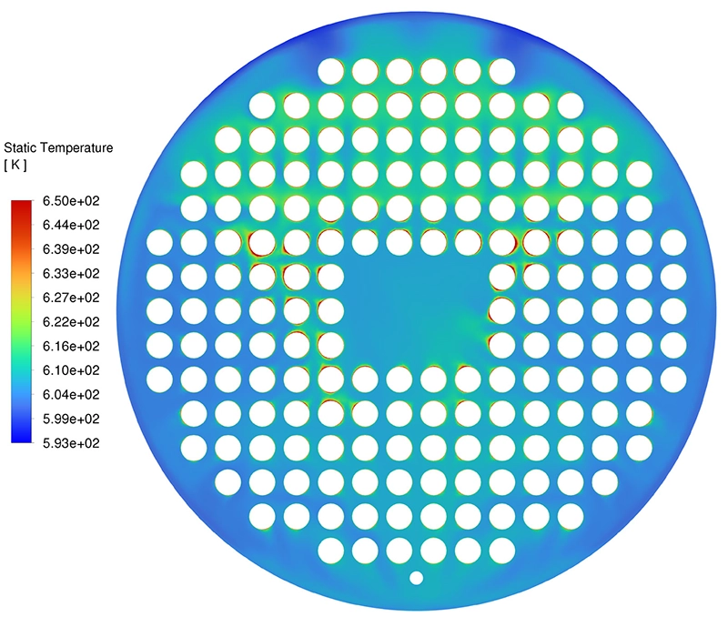 CFD-temperatuurcontourplot met de vloeistoftemperatuurverdeling op een doorsnede door de circulatieverwarmer