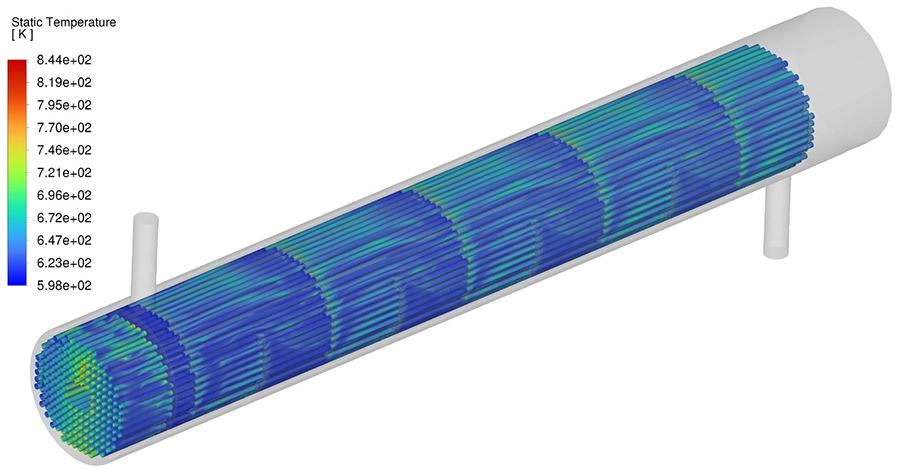 CFD-contourplot van wandtemperaturen van het verwarmingselement met de temperatuurgradiënt van inlaat- naar uitlaatzijde