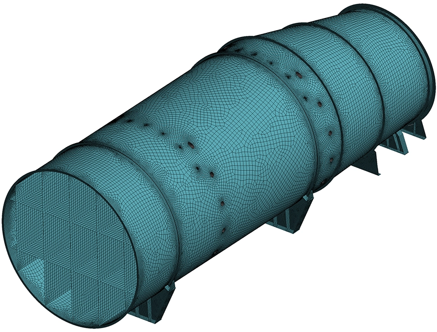 FEA-mesh van het ozonkanaal met 2D-schaalelementen op geleidingsplaten, injectiebuizen en kanaalmantel