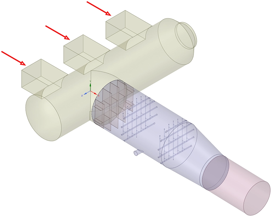 CFD-stroomlijnen die de gasstromingspatronen door het ozonkanaal visualiseren met drie inlaattakken en geleidingsplaten