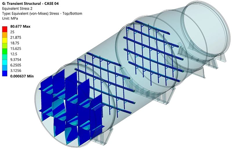 FEA-contourplot van equivalente Von Mises-spanningen in de baffles en injectiebuizen van het ozonkanaal