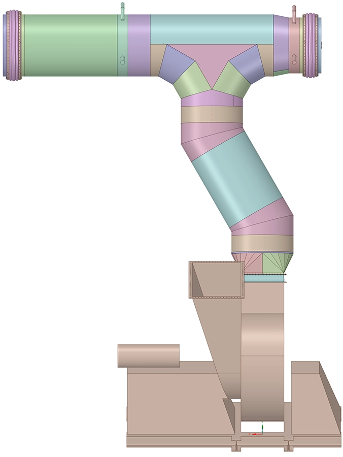 3D-geometrie van het rookgaskanaal T-stuk met bochten stroomopwaarts, klepbehuizingen en overgangsstukken
