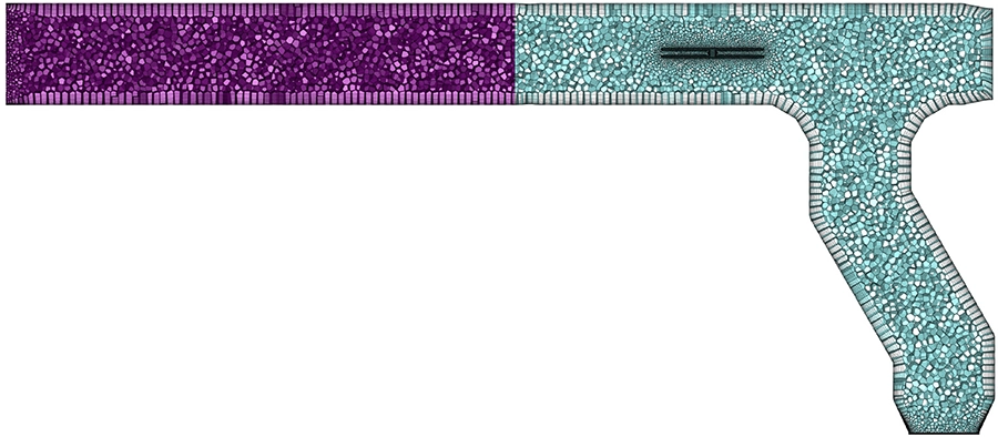 Dwarsdoorsnede van de CFD mesh voor het T-stuk met linkerklep open, met inflatielagen langs de kanaalwanden