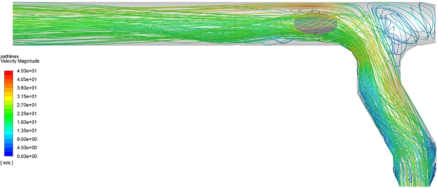 CFD stroomlijnen gekleurd op snelheid door het T-stuk met linkerklep open