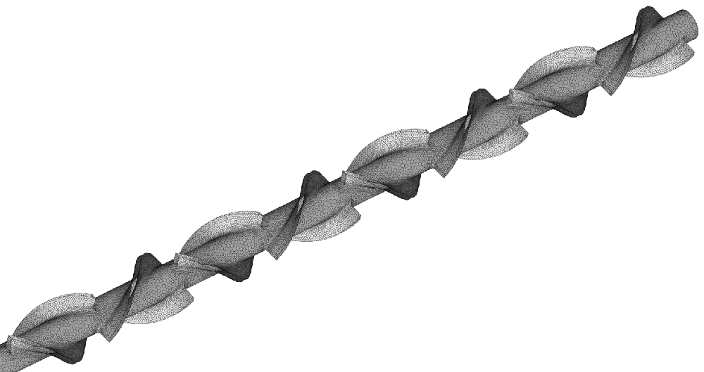 Polyhedral mesh of the helical static mixer screw inside the tubular reactor, showing refined surface elements