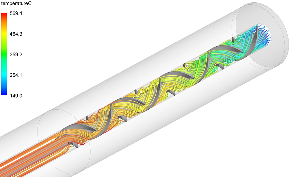 CFD streamlines coloured by temperature inside a tubular reactor with static mixer, showing progressive heating from inlet to outlet