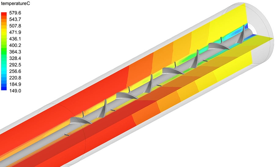 CFD temperature contour plot on a longitudinal cross-section through the heated tubular reactor, showing progressive temperature increase from 200 degrees at the inlet to over 530 degrees at the outlet
