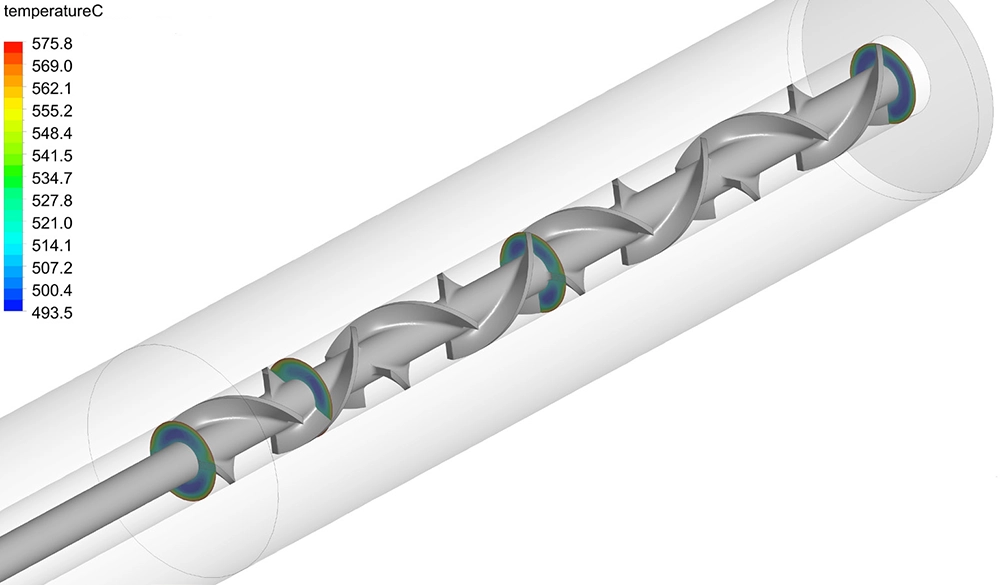 CFD temperature contour plots at four cross-sections along the reactor length at 0 mm, 120 mm, 200 mm and 240 mm, showing radial temperature uniformity improving downstream