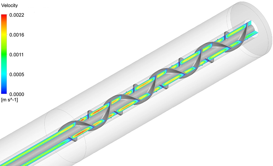 CFD velocity contour plot showing the whirling laminar flow distribution created by the helical static mixer screw inside the reactor