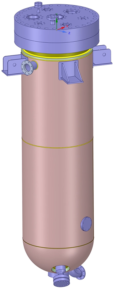 Volledige 3D-geometrie van het duplex roestvast stalen reactorvat met mantel, gebruikt in de FEA- en vermoeiingsanalyse