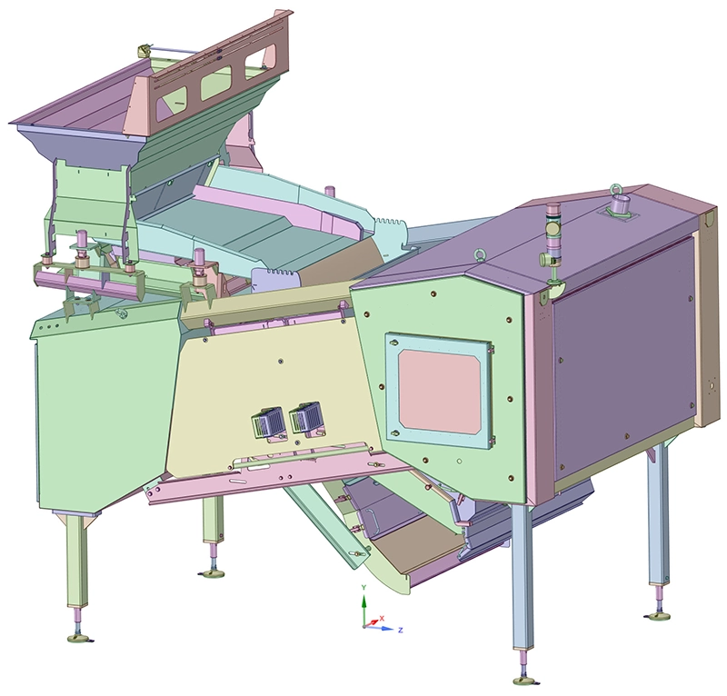 3D CAD geometry of the industrial sorting machine analysed for seismic resistance, showing the funnel, structural frame and four supporting legs