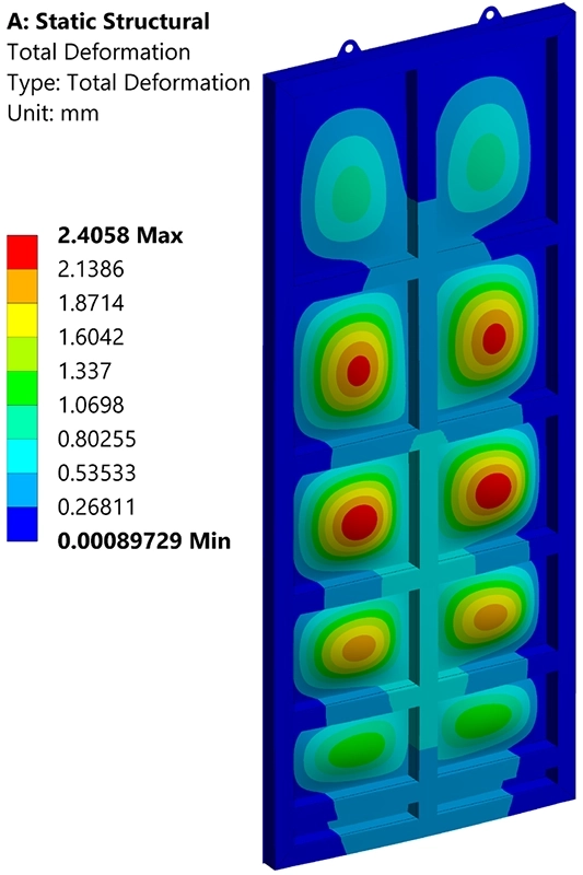 FEA contour plot showing total deformation of the water sluice gate under hydrostatic loading with maximum deflection of 2.41 mm