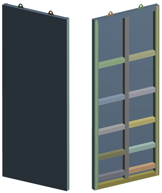 3D geometry of the stainless steel water sluice gate showing front view with sealing plate and rear view with square hollow section stiffeners and lifting lugs