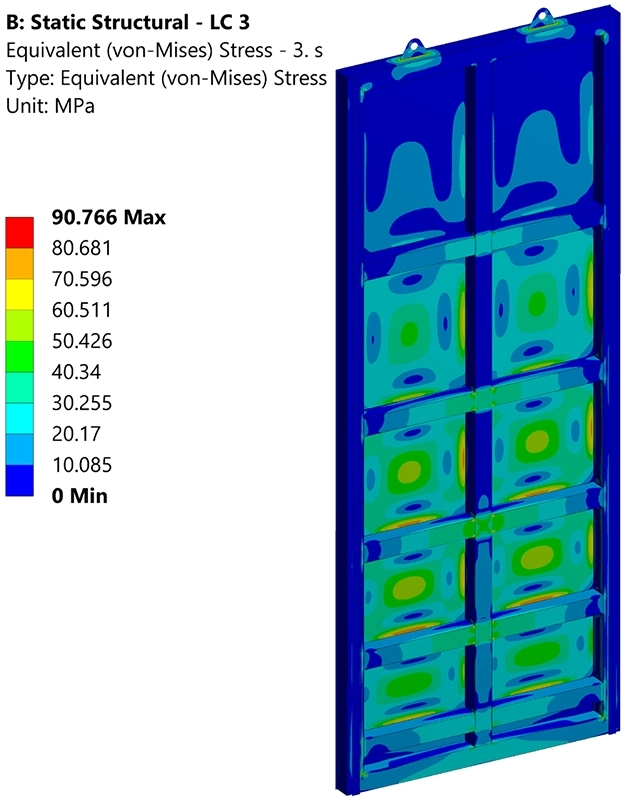 FEA Von Mises stress contour plot of the water sluice gate front face under worst-case load combination, peak stress 90.8 MPa
