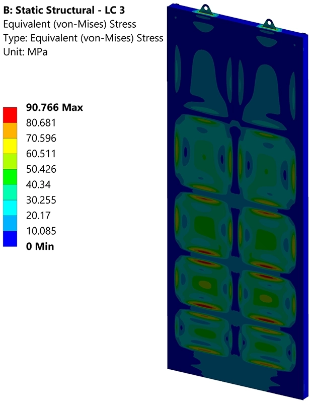 FEA Von Mises stress contour plot of the water sluice gate rear face showing stress concentrations at stiffener connections