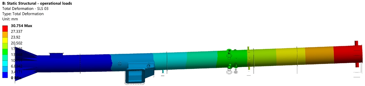 FEA totale vervorming contourplot van de 16 m stalen schoorsteen onder windbelasting, maximale topverplaatsing 38 mm