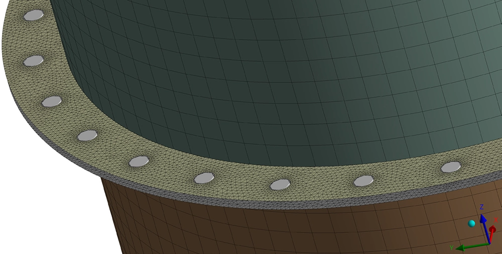 Verfijnd FEA mesh op de geboulonneerde flensverbinding van de stalen schoorsteen met voorspannen boutgaten