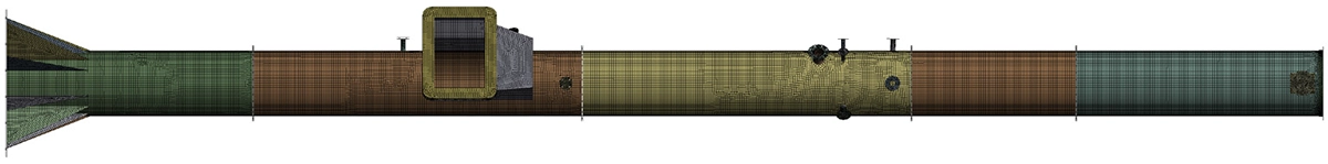 FEA schaalelementen mesh van de 16 m industriële stalen schoorsteen gemodelleerd in Ansys Mechanical