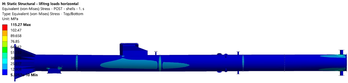 Von Mises spanningsverdeling in de stalen schoorsteen tijdens horizontaal hijsen met kraan, maximum 115 MPa ter hoogte van de hijsbuizen