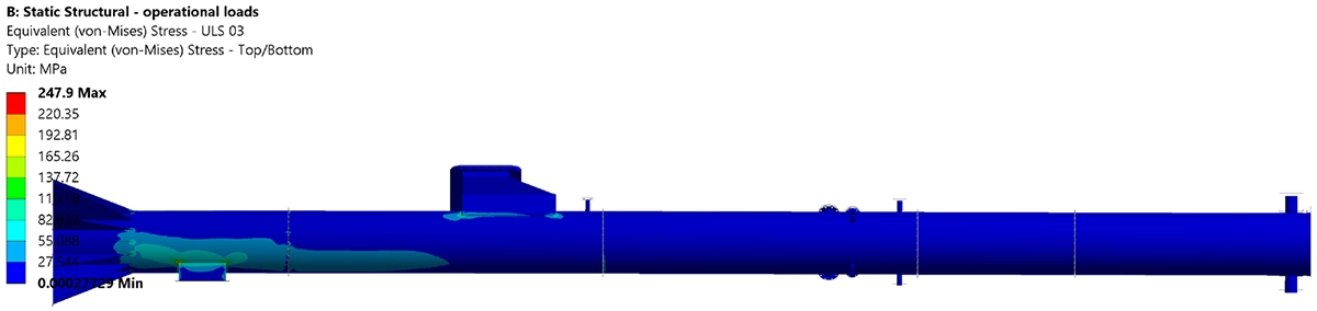 Von Mises equivalentspanning contourplot van de stalen schoorsteen onder windbelastingscombinatie UGT 02, maximum 258 MPa
