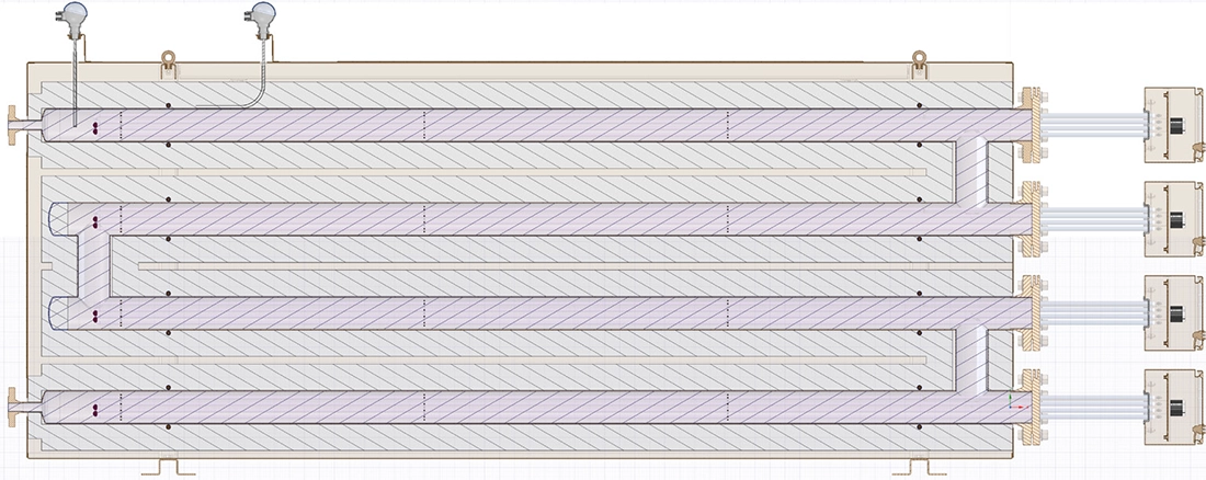 Dwarsdoorsnede van de 20 kW elektrische teerverwarmer-geometrie met vier gestapelde verwarmingscompartimenten met vermogens van 6, 6, 5 en 3 kW