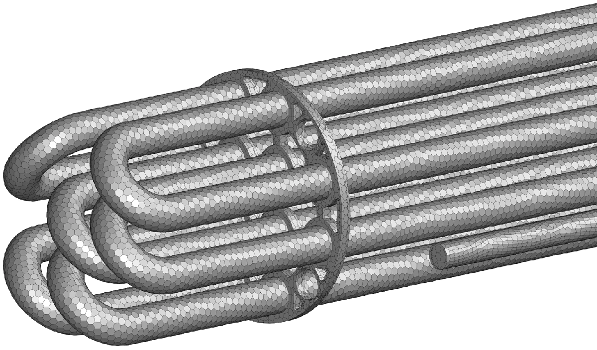 Polyedrische mesh van het interne fluïdevolume van de teerverwarmer, met verfijnde elementen rond de verwarmingsbuizen