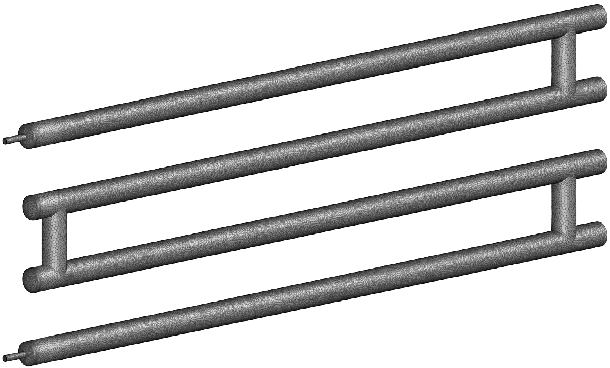 Polyedrische mesh van het interne fluïdevolume van de teerverwarmer, met verfijnde elementen rond de verwarmingsbuizen