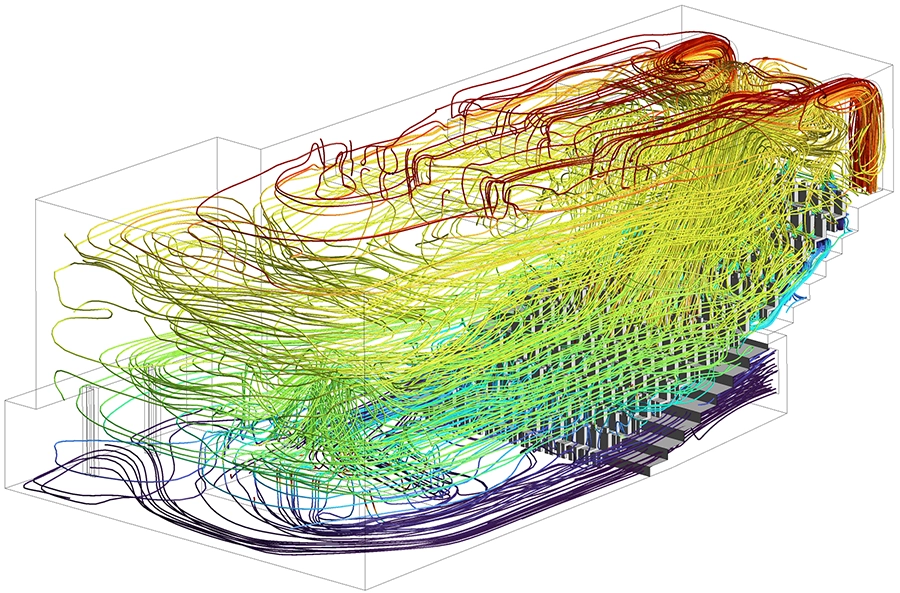 CFD-stroomlijnen gekleurd naar temperatuur in het theater, van verdringingsroosters onder de stoelen door de publiekszone naar de extractieopening achteraan