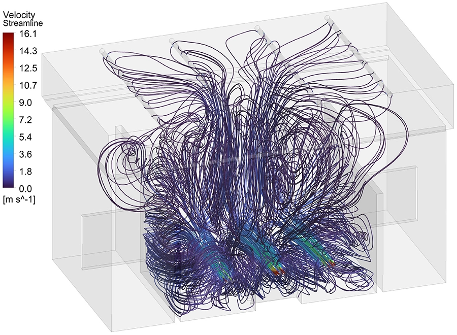 CFD streamlines visualising airflow patterns inside the industrial storage facility, from ground-level inlets to roof-mounted extraction ducts