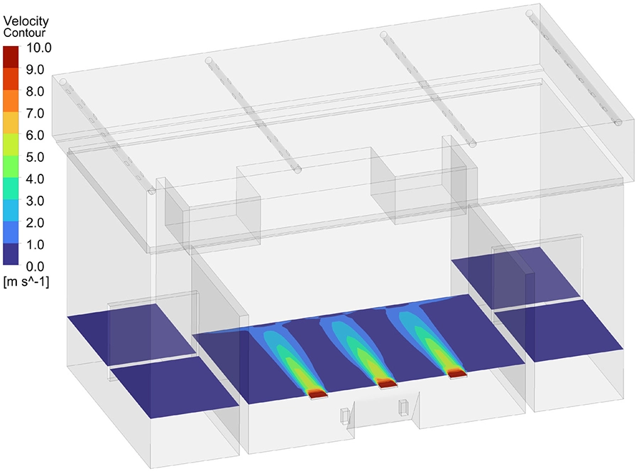 CFD velocity vectors on a horizontal section through the inlet openings of the storage facility