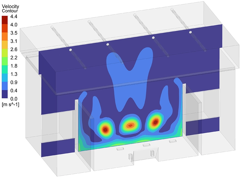 CFD contour plot of air velocity with velocity vectors on a vertical cross-section through the storage facility