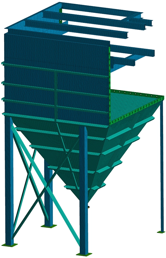 Schelpelementen-mesh van het kwart-symmetriemodel van de watertank in Ansys Mechanical