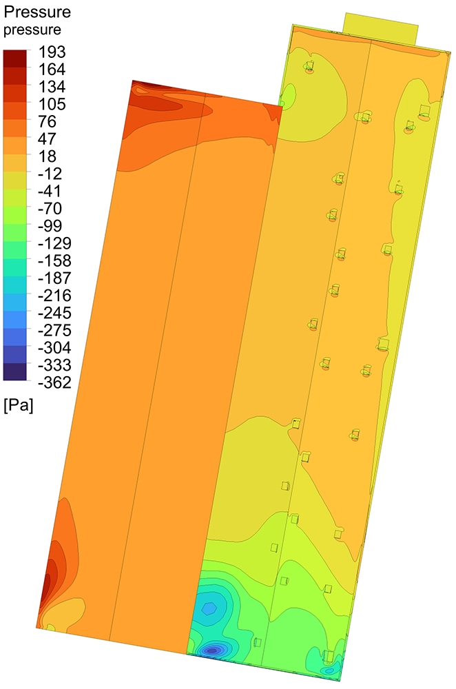 CFD contour plot of mean static pressure distribution on warehouse roof and adjacent tall terminal building for south wind direction