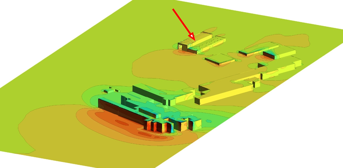 CFD contour plot of mean static pressure distribution on warehouse roof and adjacent tall terminal building for south wind direction